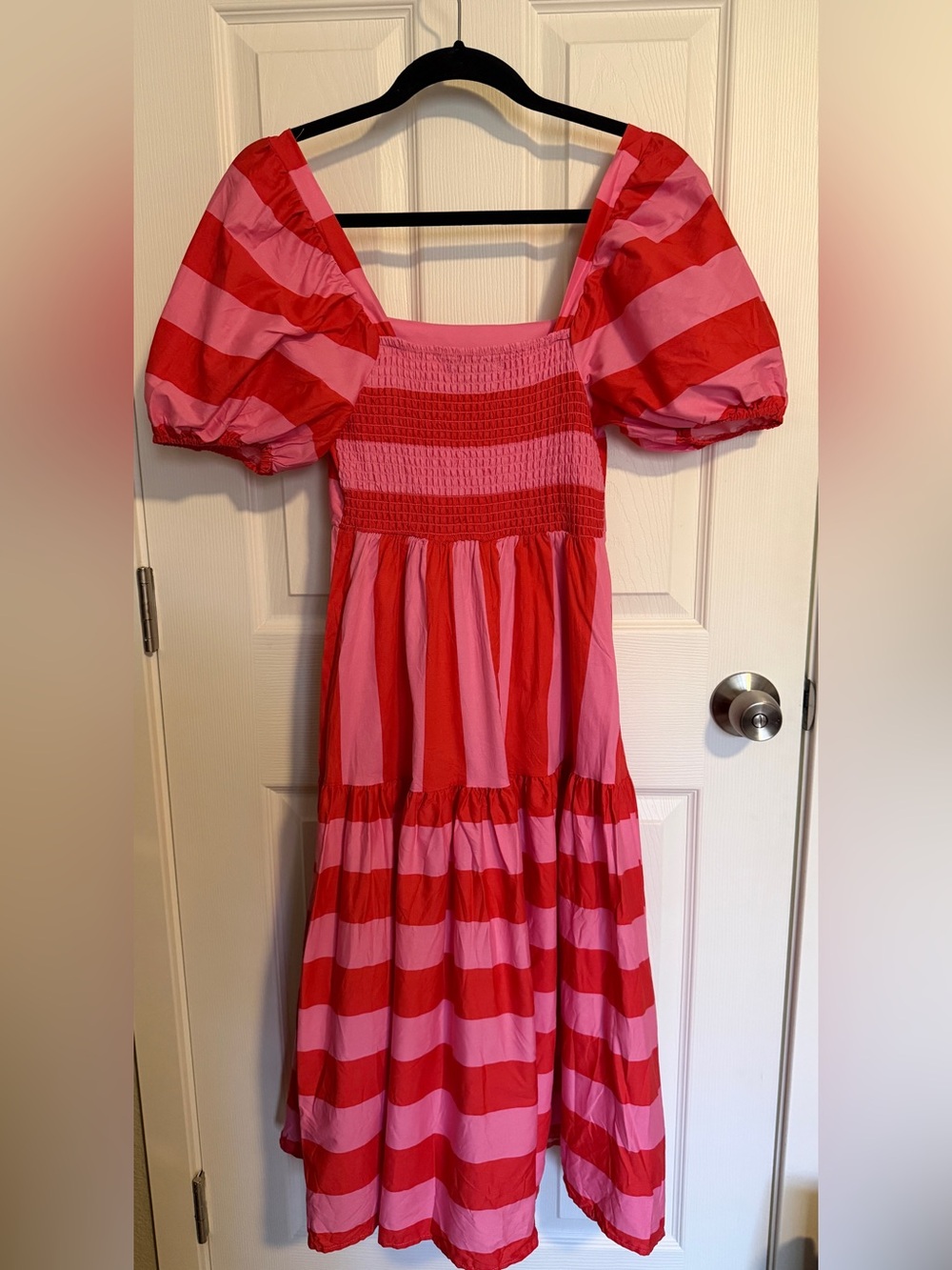 Crystal Doll Pink Red Stripe Puff Sleeve Midi Dress Cottagecore Size Small - Picture 8 of 10